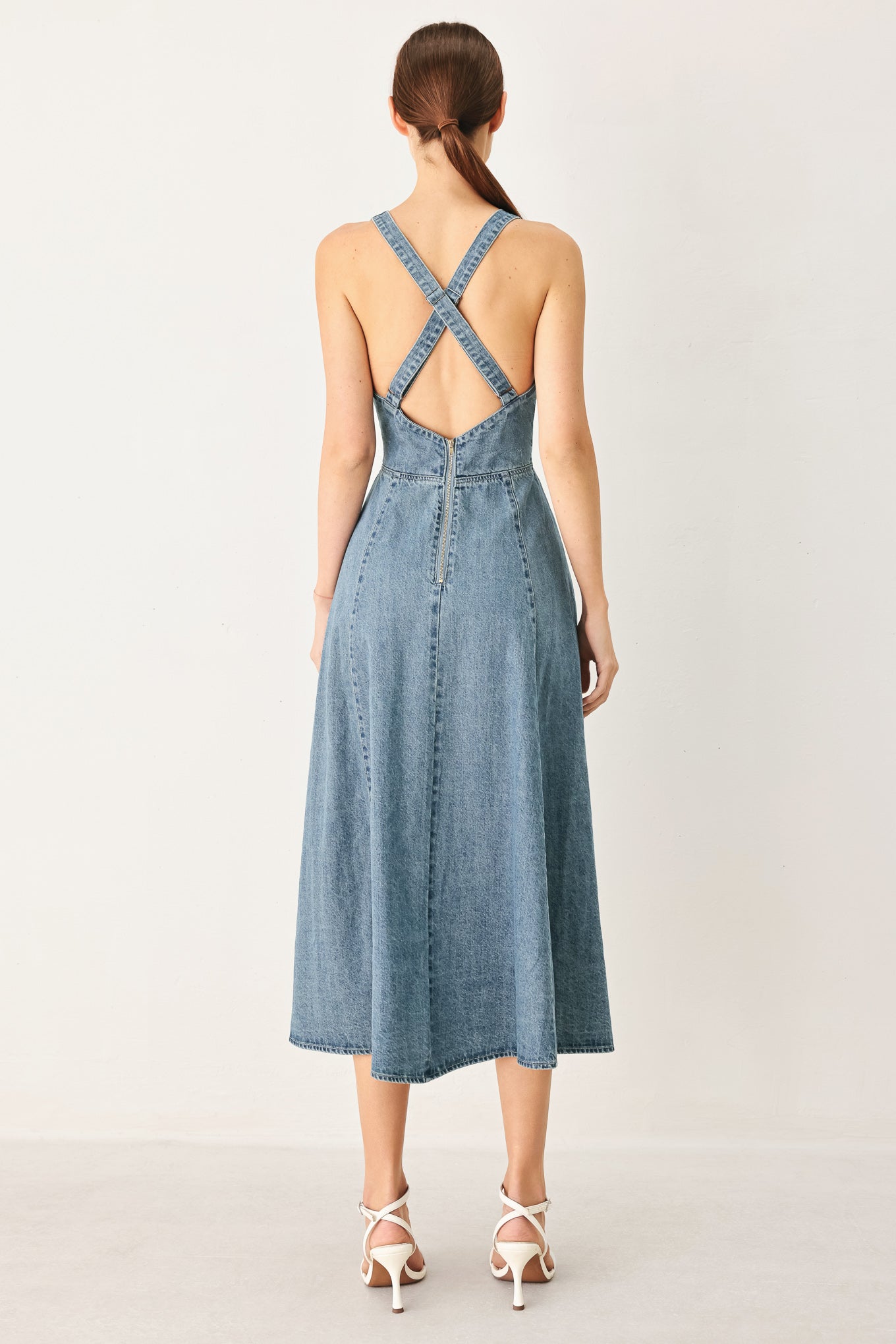 Deep V Neck Denim Midi Dress