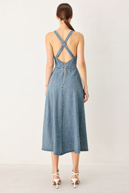 Deep V Neck Denim Midi Dress