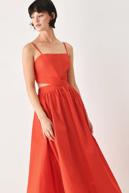 Open Back Bow Tie Midi Dress CORAL RED