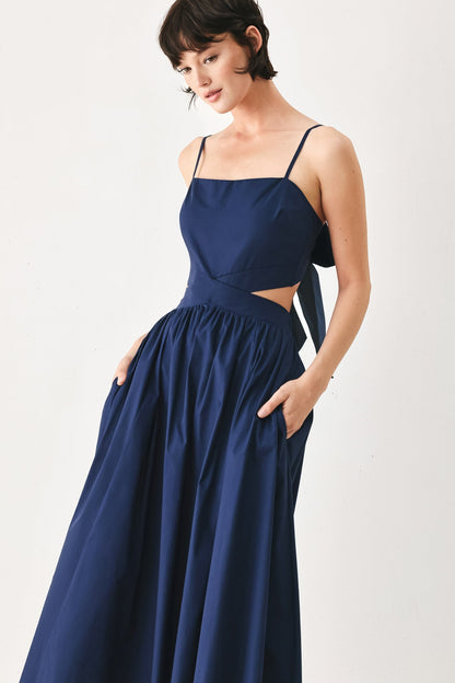 Open Back Bow Tie Midi Dress NAVY