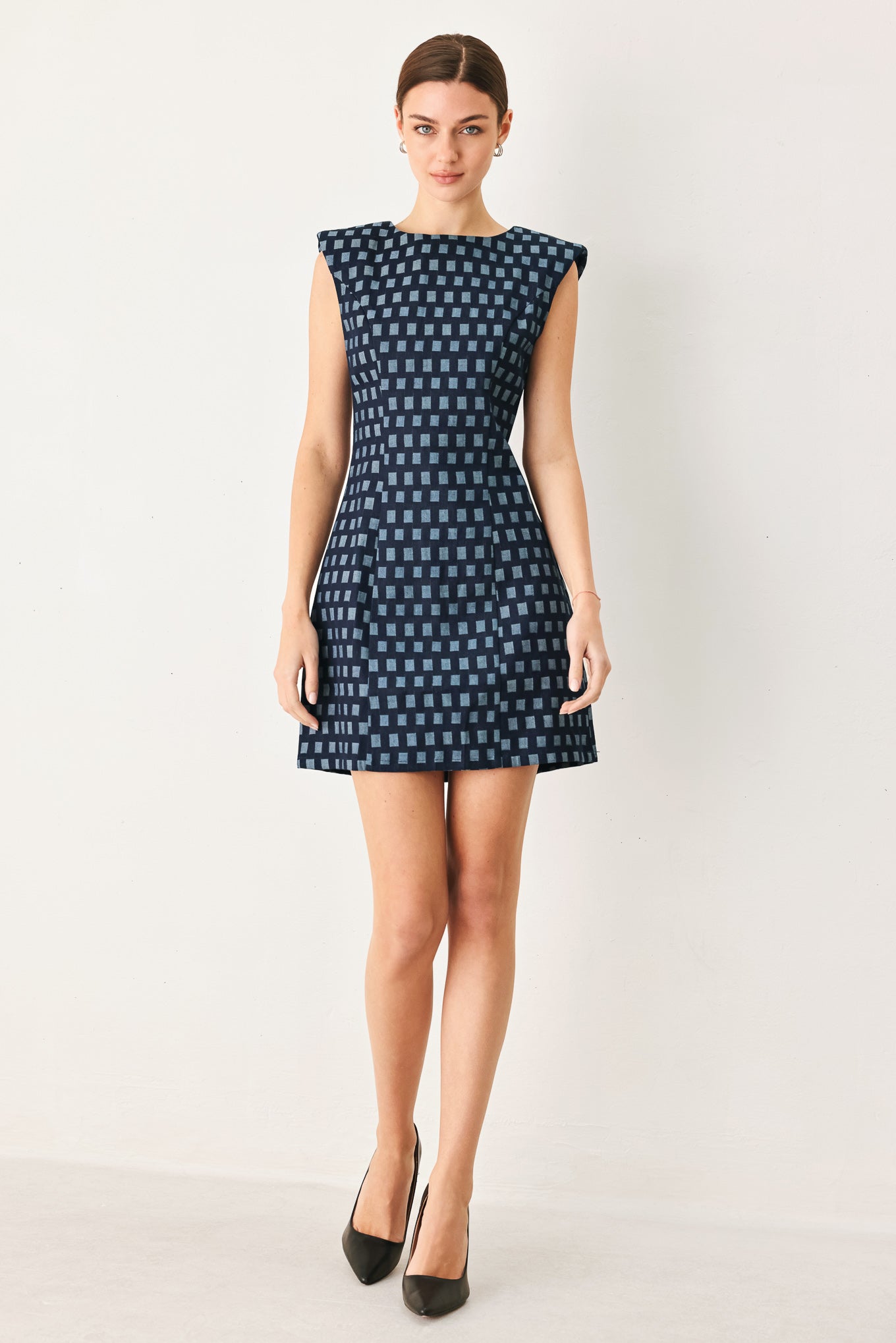 Checkerboard Jacquard Denim Mini Dress
