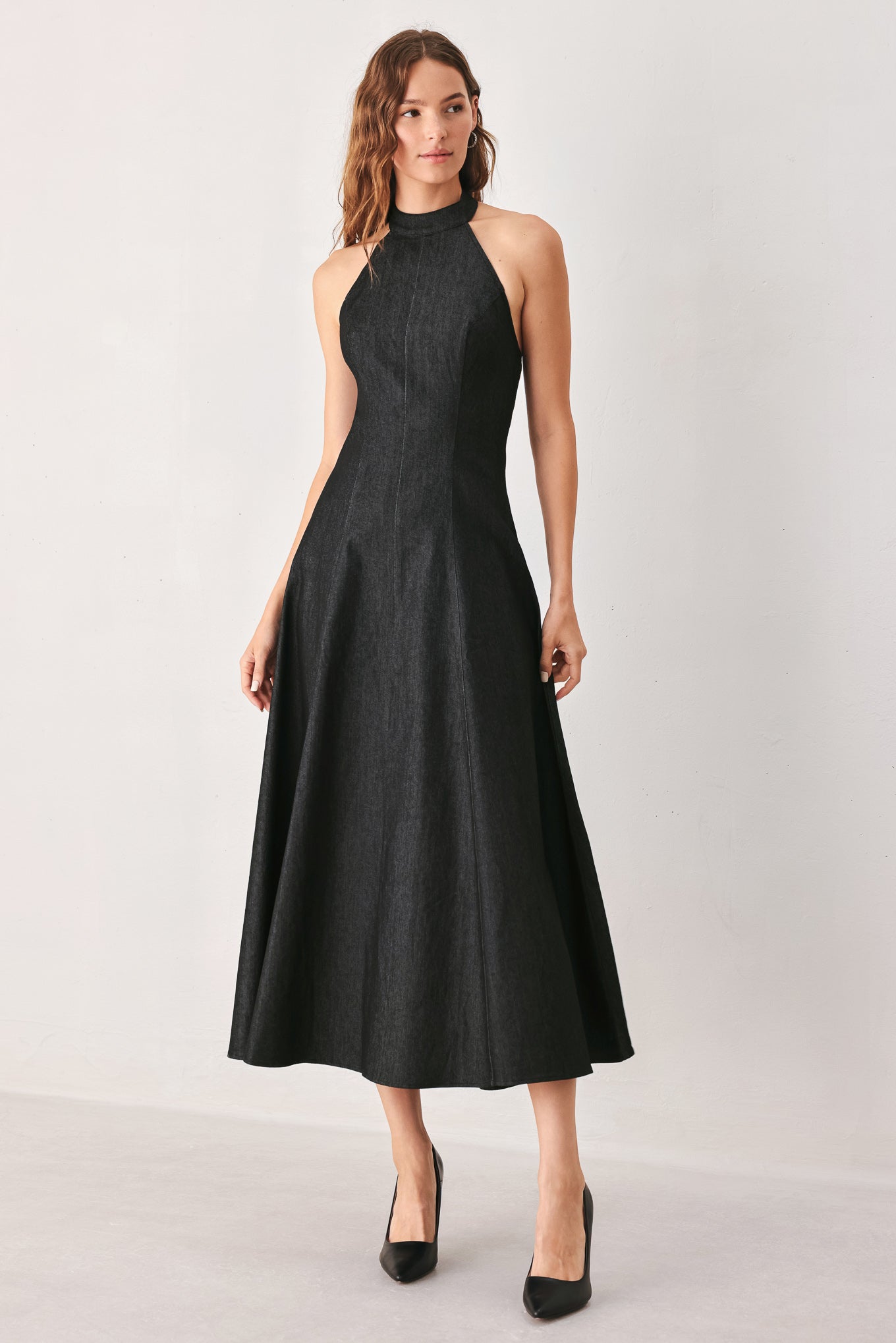 A-line Halter Neck Denim Midi Dress
