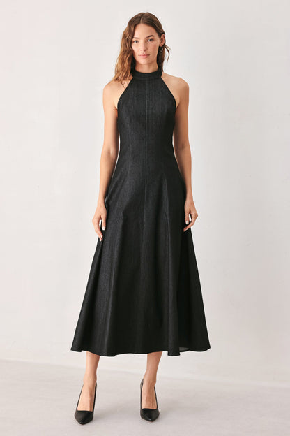 A-line Halter Neck Denim Midi Dress