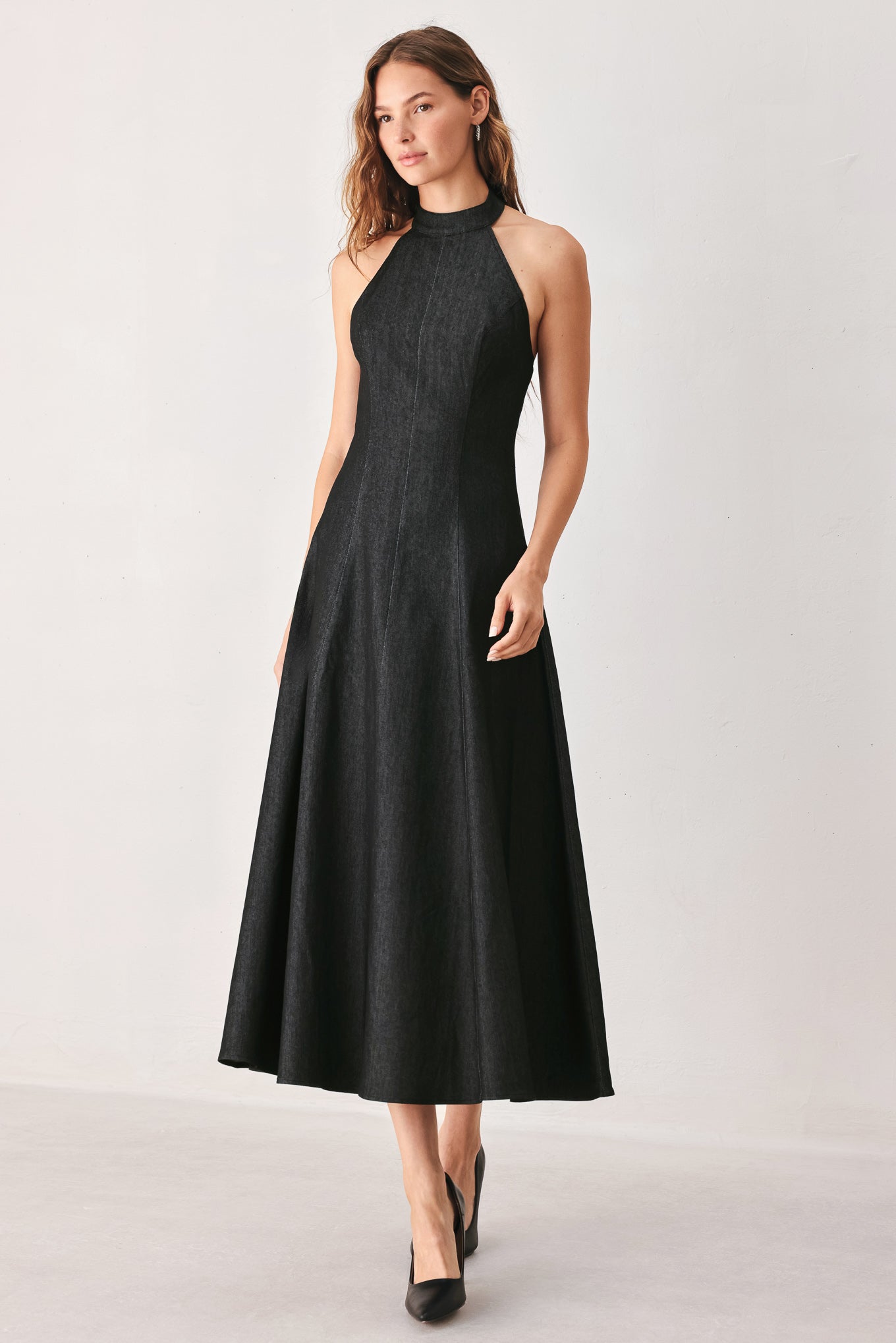 A-line Halter Neck Denim Midi Dress
