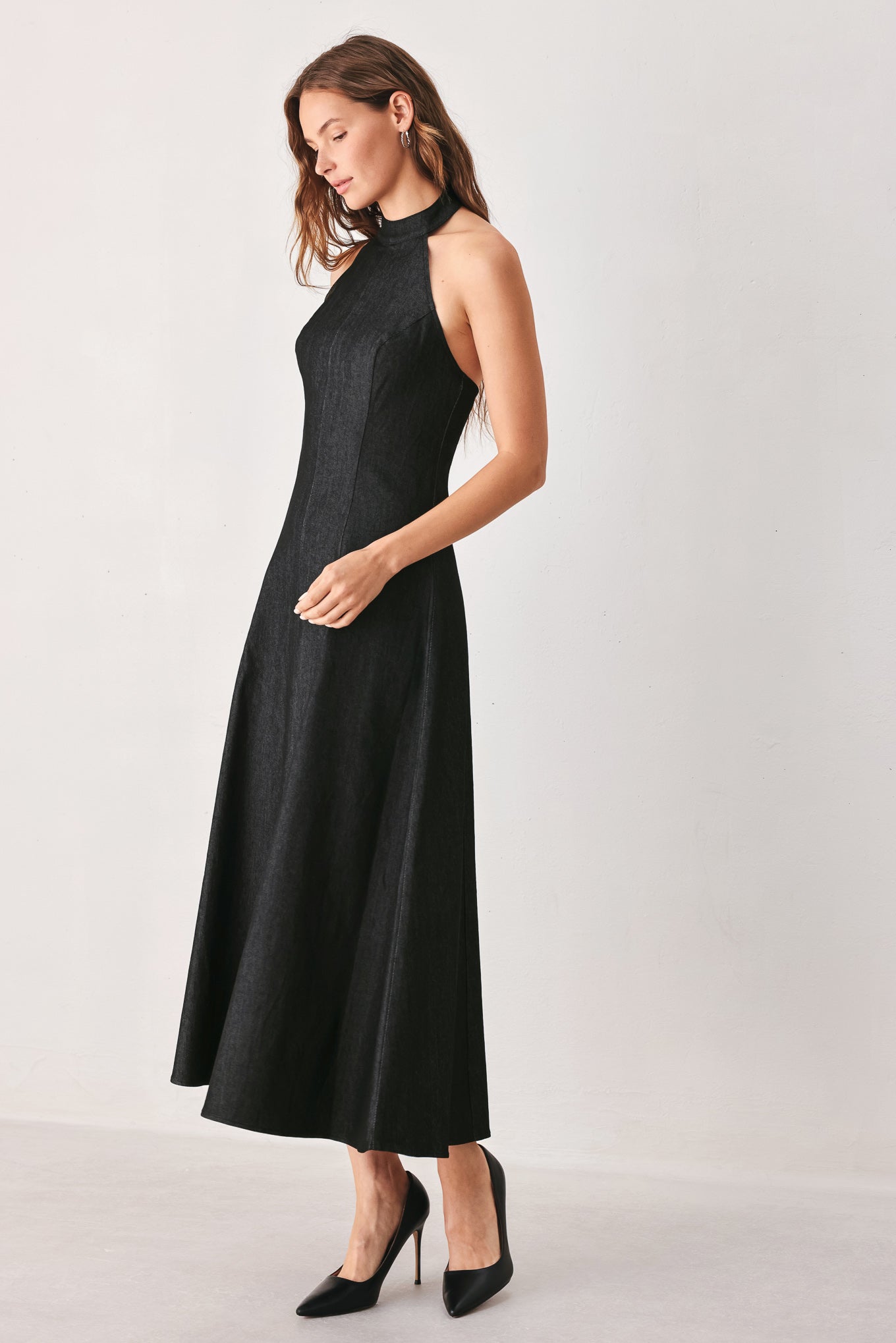 A-line Halter Neck Denim Midi Dress
