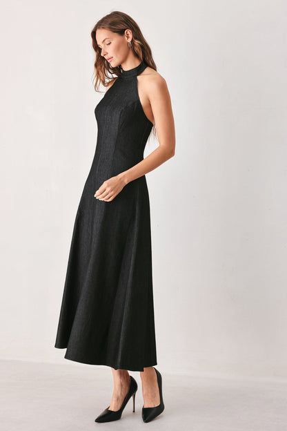 A-line Halter Neck Denim Midi Dress