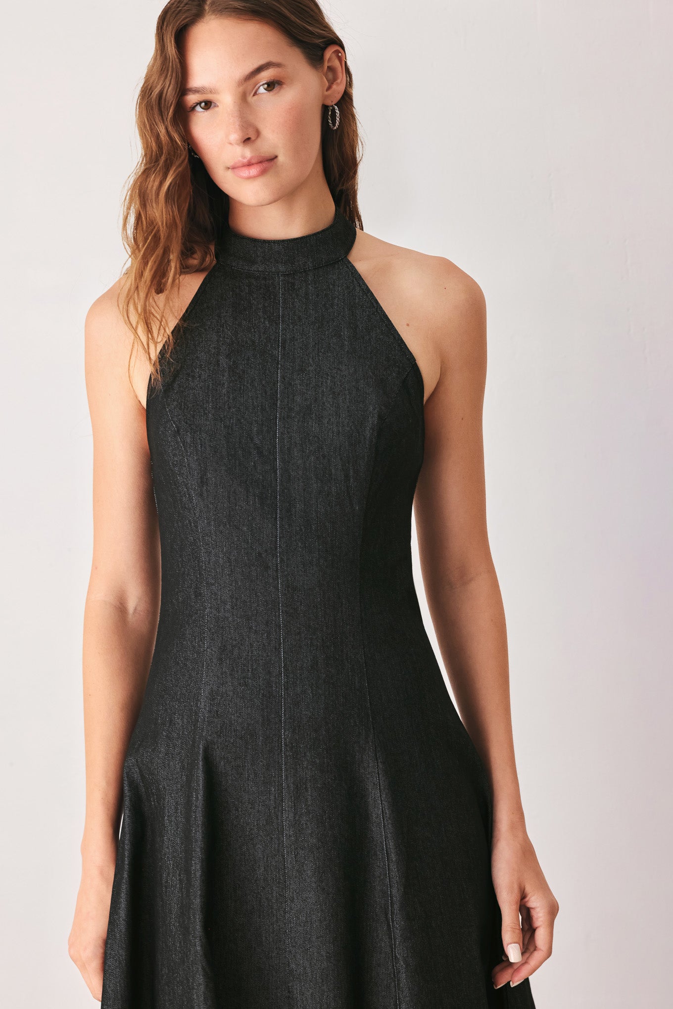 A-line Halter Neck Denim Midi Dress