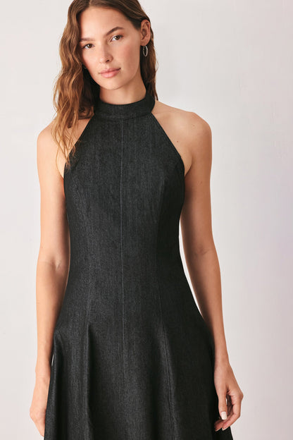 A-line Halter Neck Denim Midi Dress
