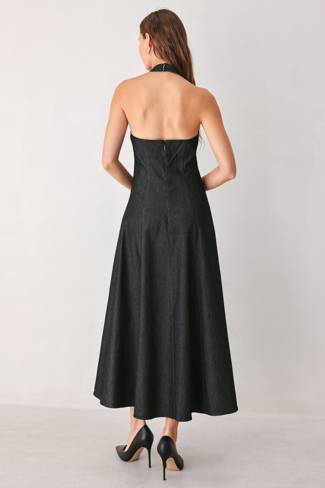 A-line Halter Neck Denim Midi Dress