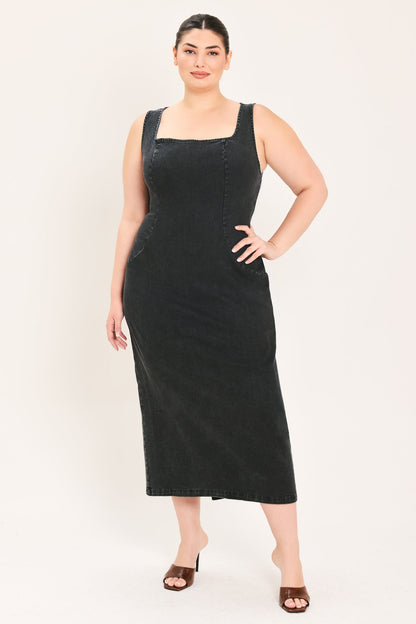 Sheath Denim Square Neck Midi Dress