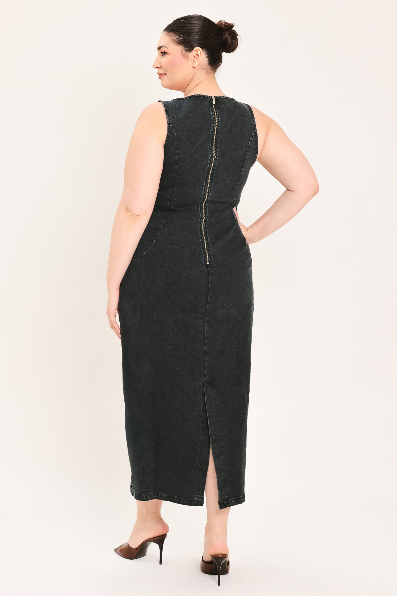 Sheath Denim Square Neck Midi Dress