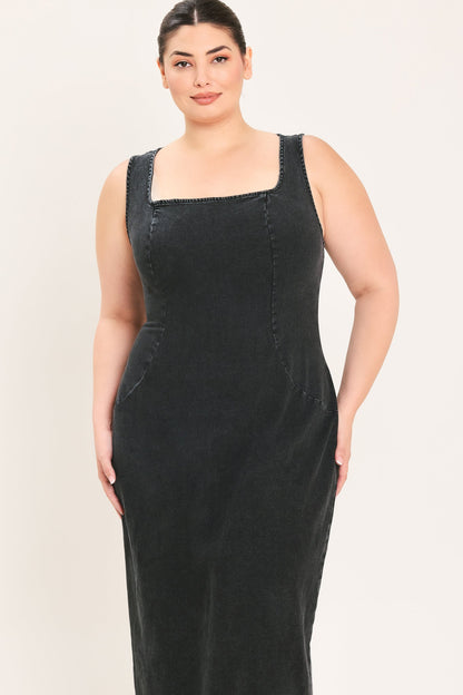 Sheath Denim Square Neck Midi Dress