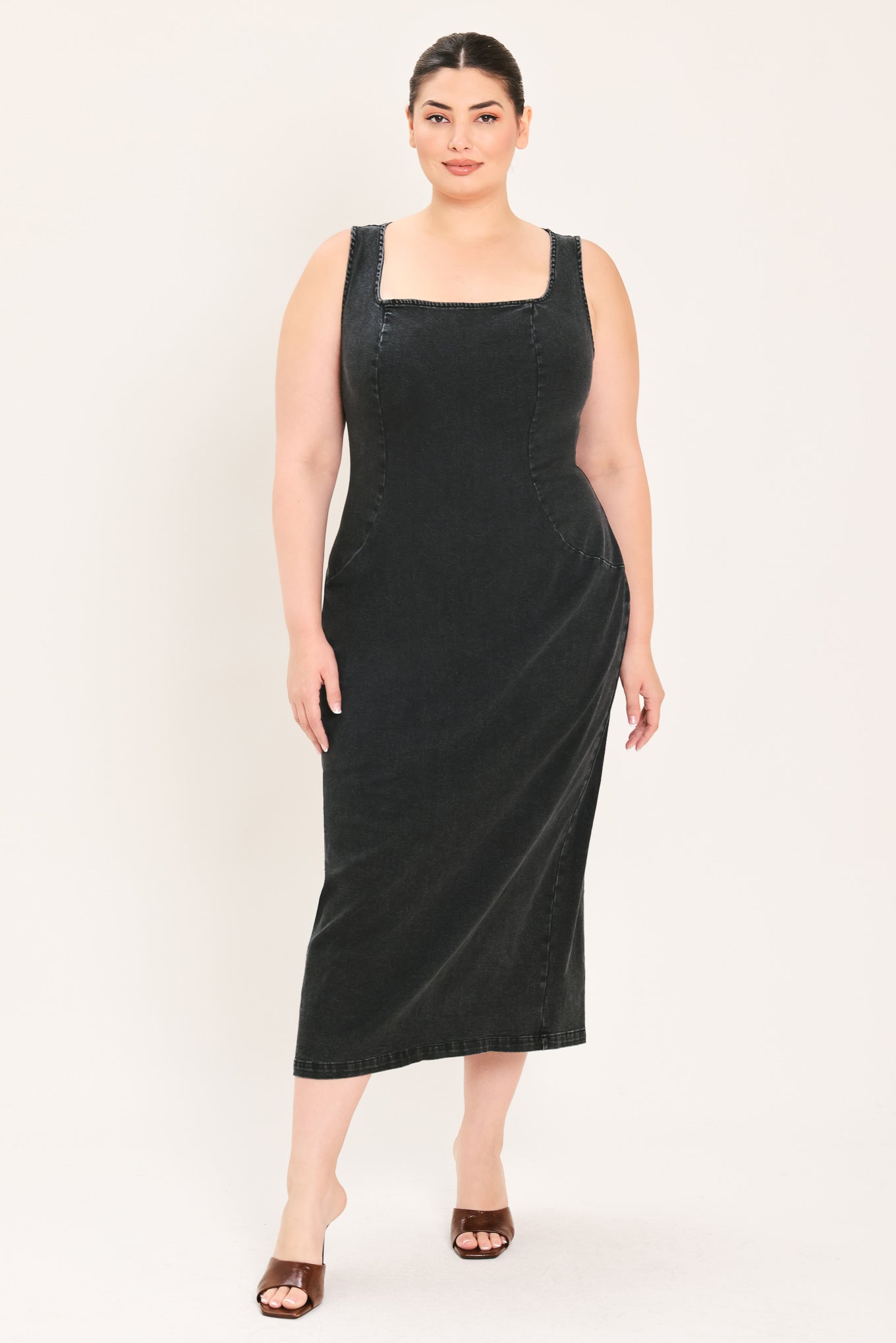 Sheath Denim Square Neck Midi Dress BLACK