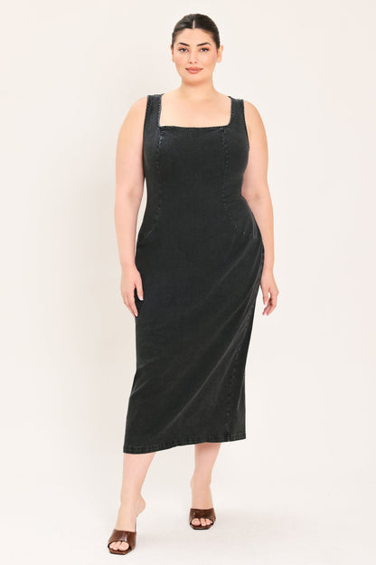 Sheath Denim Square Neck Midi Dress BLACK