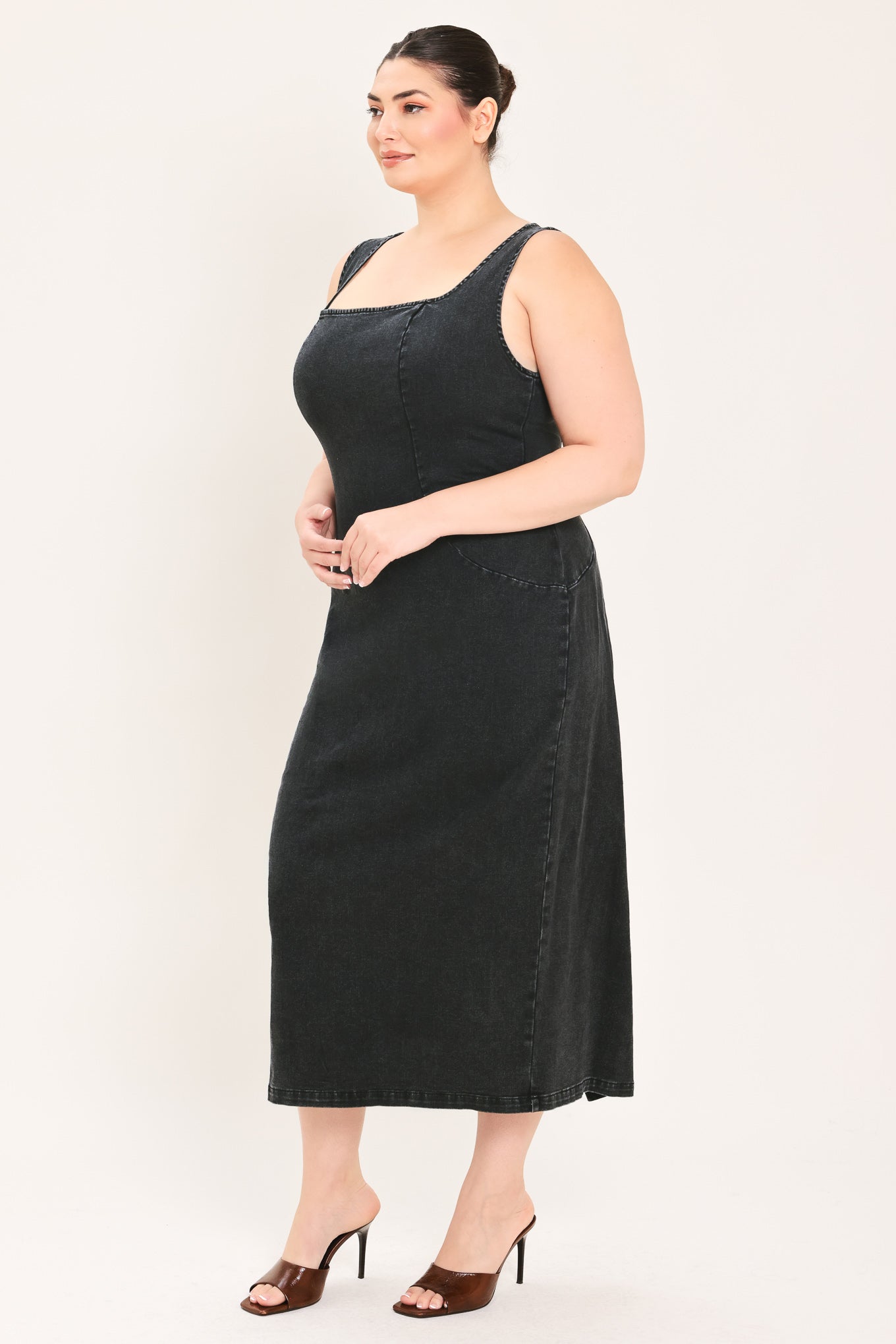 Sheath Denim Square Neck Midi Dress