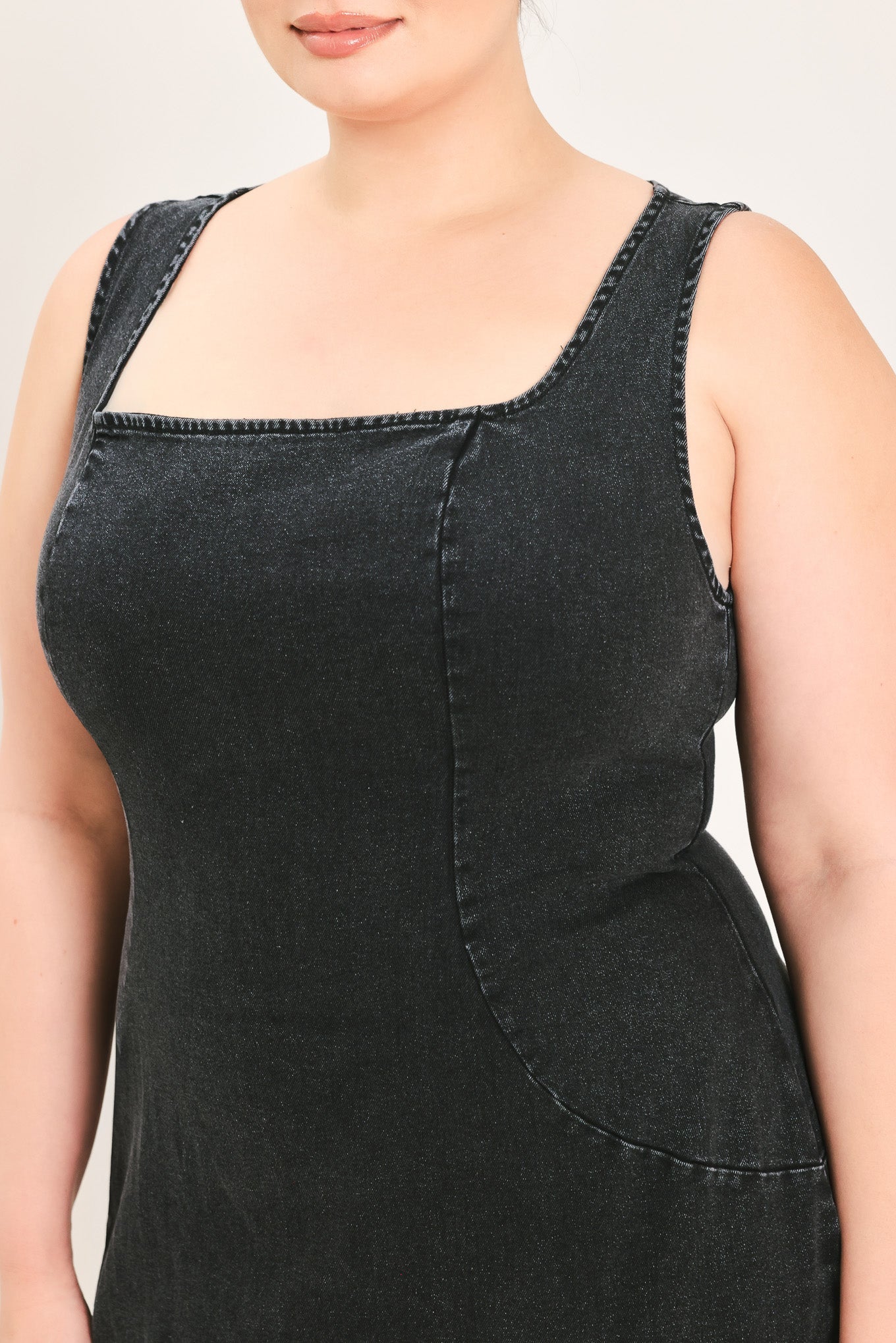 Sheath Denim Square Neck Midi Dress