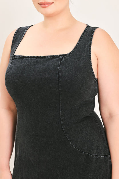 Sheath Denim Square Neck Midi Dress