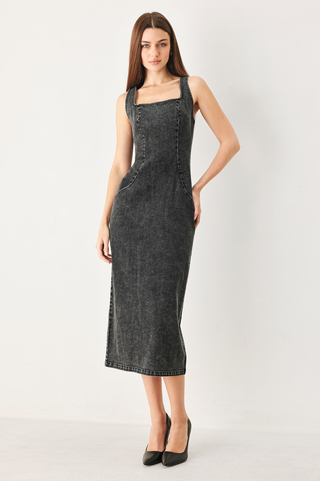 Sheath Denim Square Neck Midi Dress