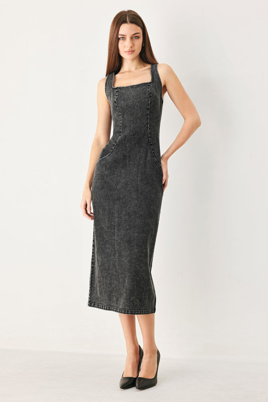 Sheath Denim Square Neck Midi Dress