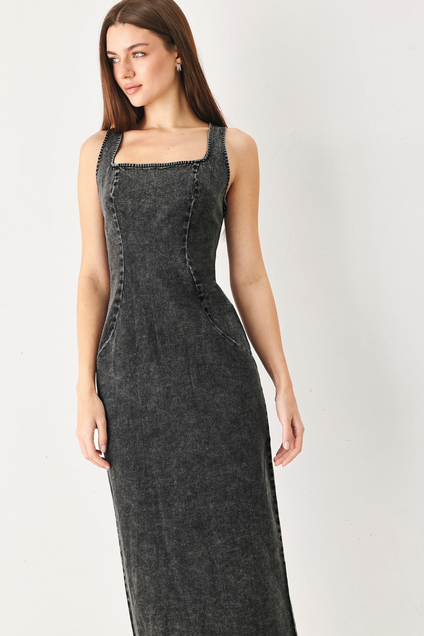 Sheath Denim Square Neck Midi Dress