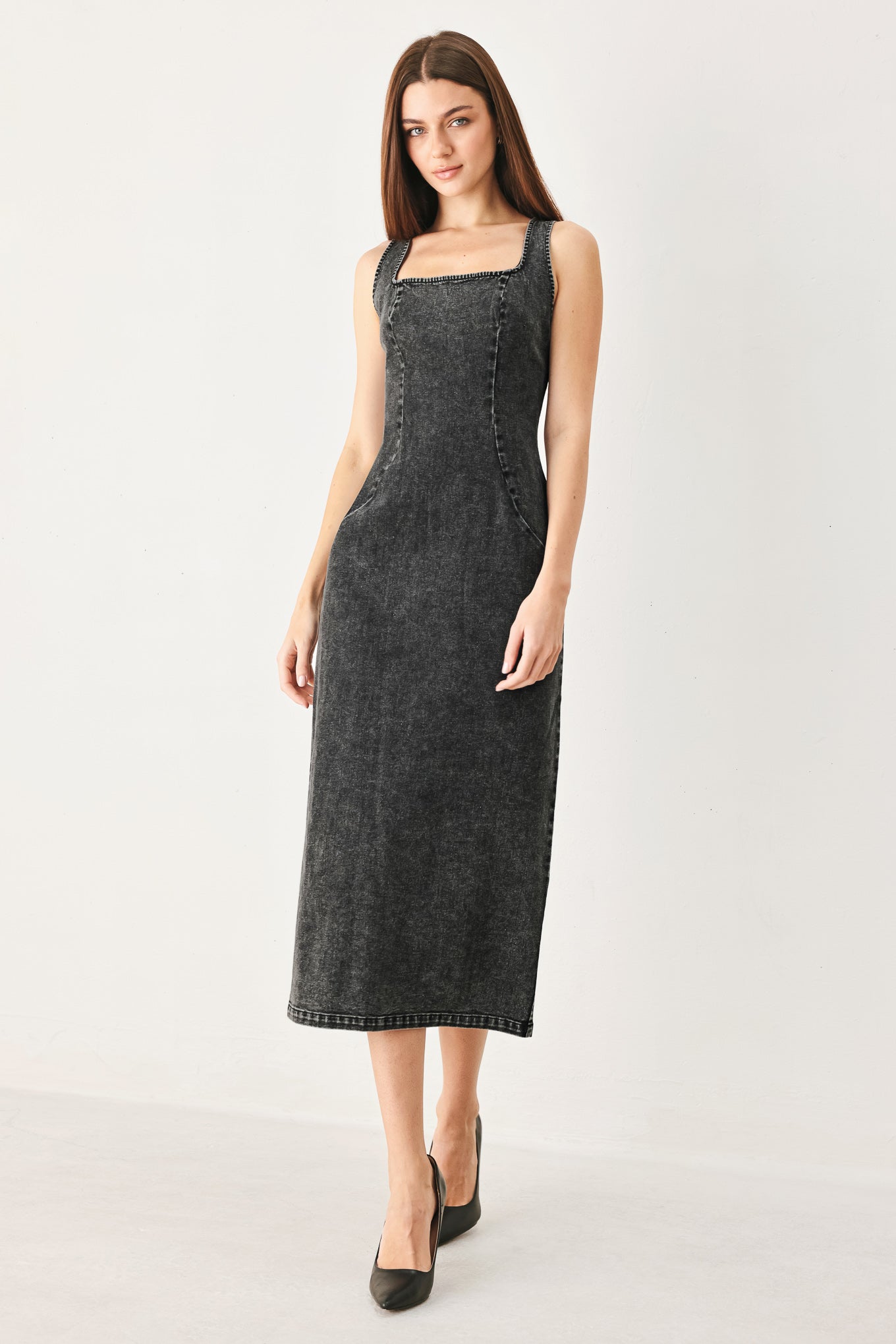 Sheath Denim Square Neck Midi Dress BLACK