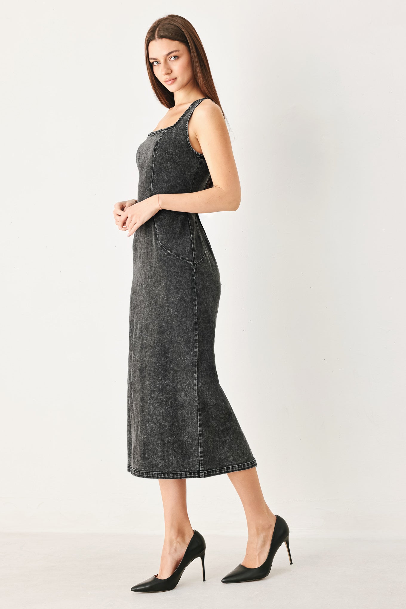 Sheath Denim Square Neck Midi Dress