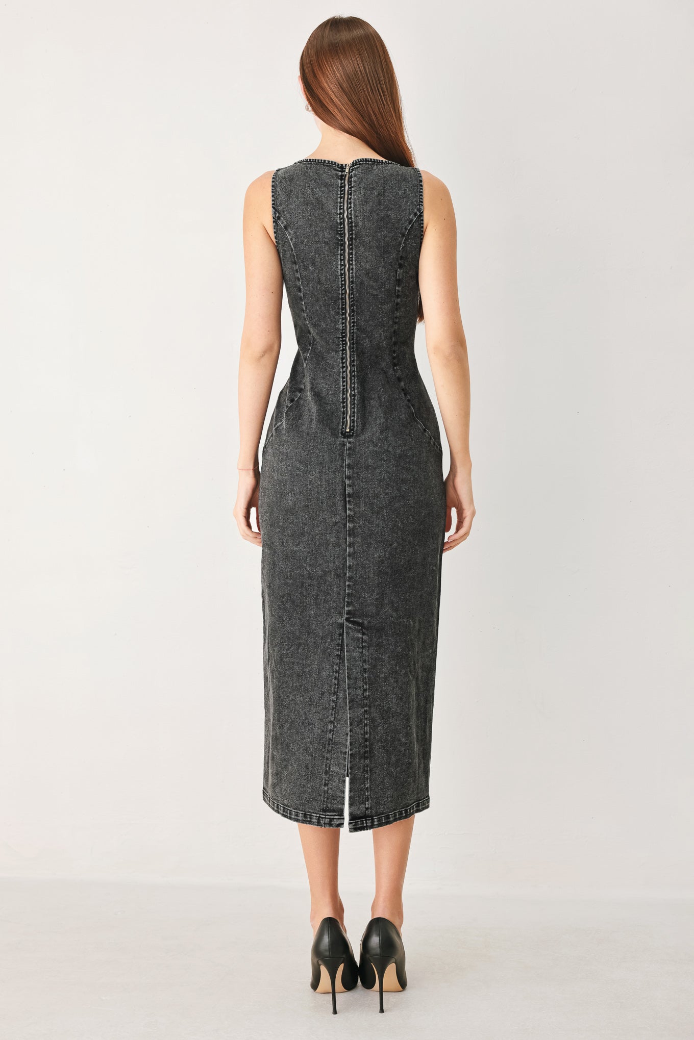 Sheath Denim Square Neck Midi Dress