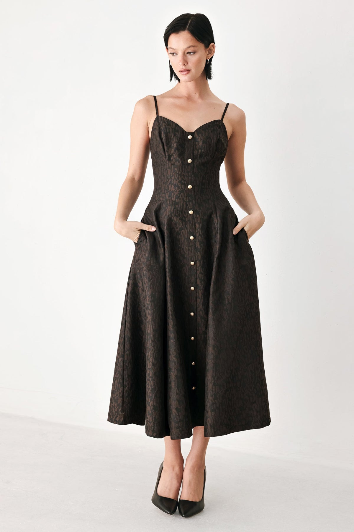 Black Jacquard Leopard Print Sweetheart Midi Dress with Button Detail