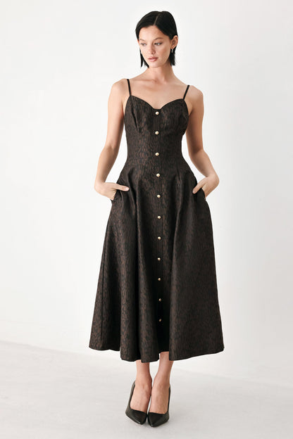 Black Jacquard Leopard Print Sweetheart Midi Dress with Button Detail