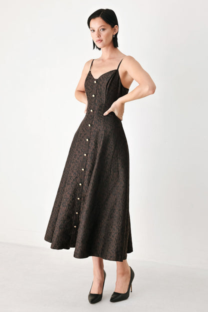Black Jacquard Leopard Print Sweetheart Midi Dress with Button Detail