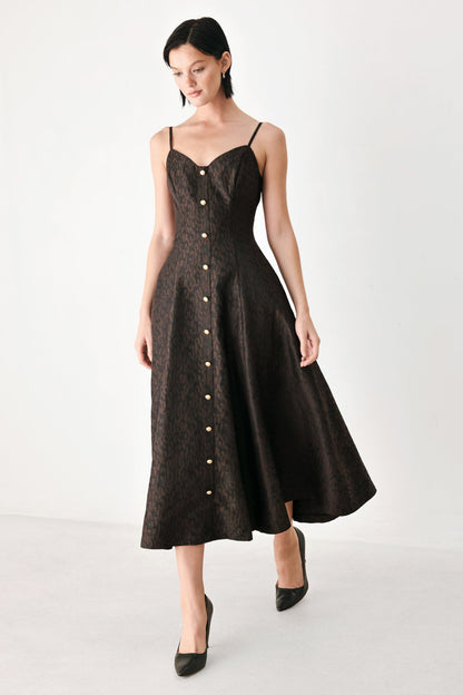 Black Jacquard Leopard Print Sweetheart Midi Dress with Button Detail