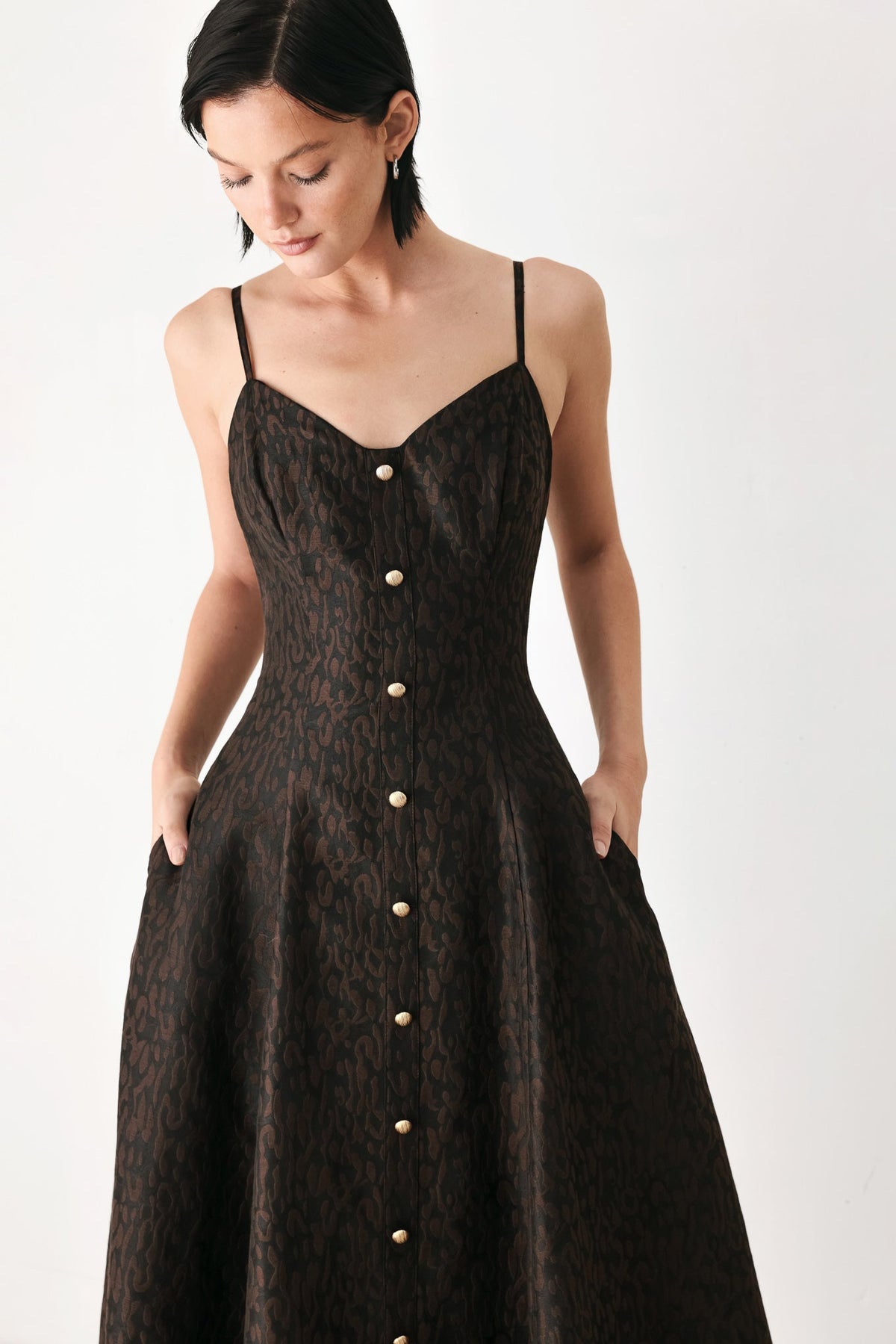 Black Jacquard Leopard Print Sweetheart Midi Dress with Button Detail BROWN BLACK