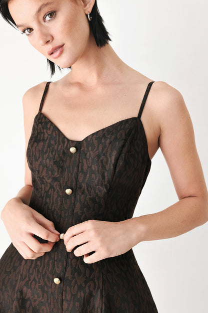 Black Jacquard Leopard Print Sweetheart Midi Dress with Button Detail