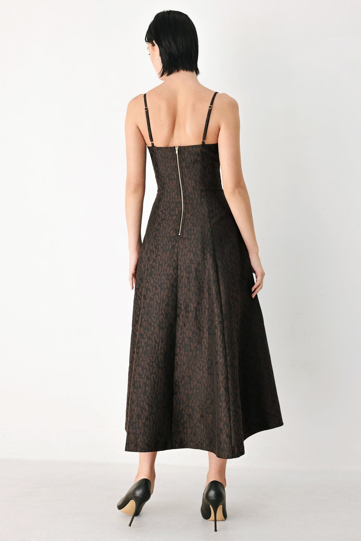 Black Jacquard Leopard Print Sweetheart Midi Dress with Button Detail