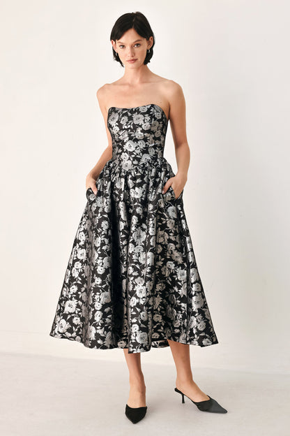 Dark Brown Jacquard Midi Dress with Sweetheart Neckline, Straps and Self Belt