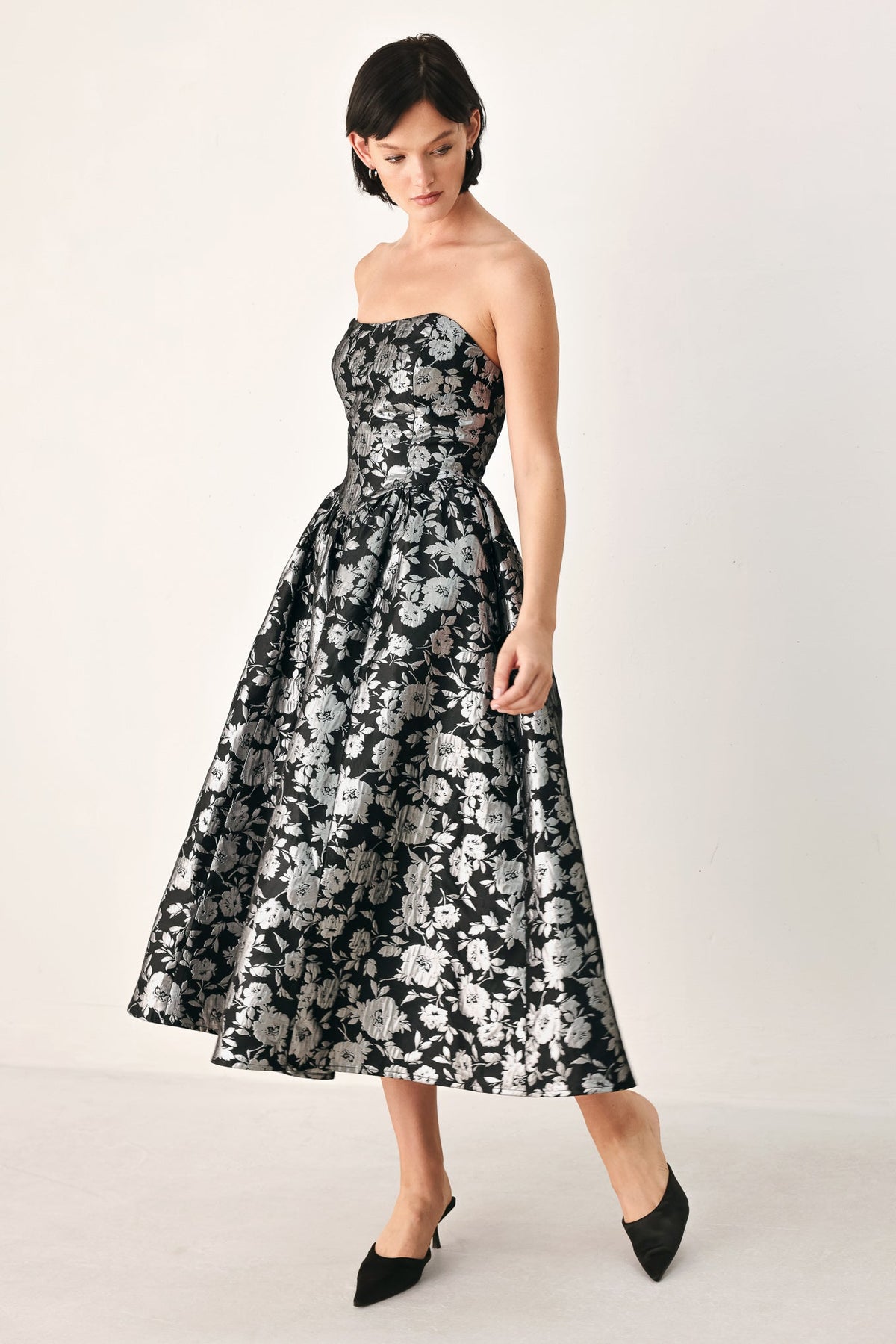 Dark Brown Jacquard Midi Dress with Sweetheart Neckline, Straps and Self Belt