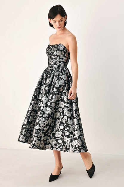 Dark Brown Jacquard Midi Dress with Sweetheart Neckline, Straps and Self Belt