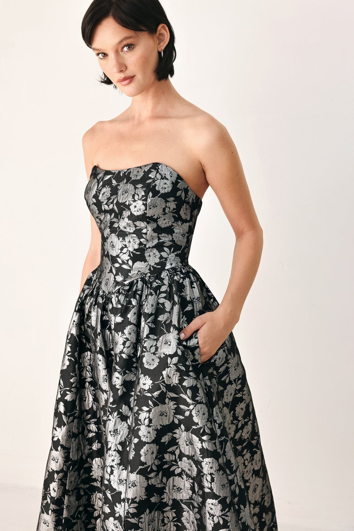 Dark Brown Jacquard Midi Dress with Sweetheart Neckline, Straps and Self Belt