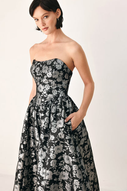 Dark Brown Jacquard Midi Dress with Sweetheart Neckline, Straps and Self Belt
