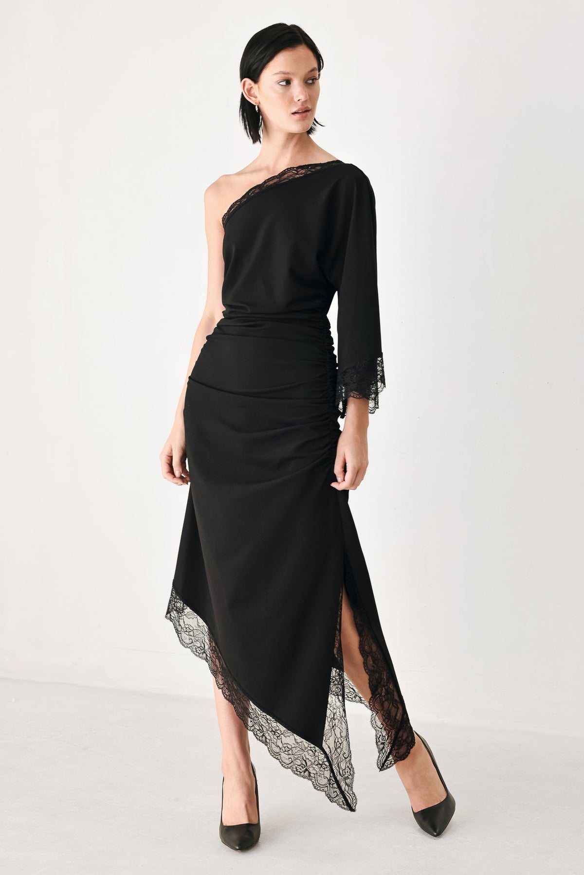 Black Knit Asymmetric Midi Dress with Ruched Bodice and Lace-Trim Hem