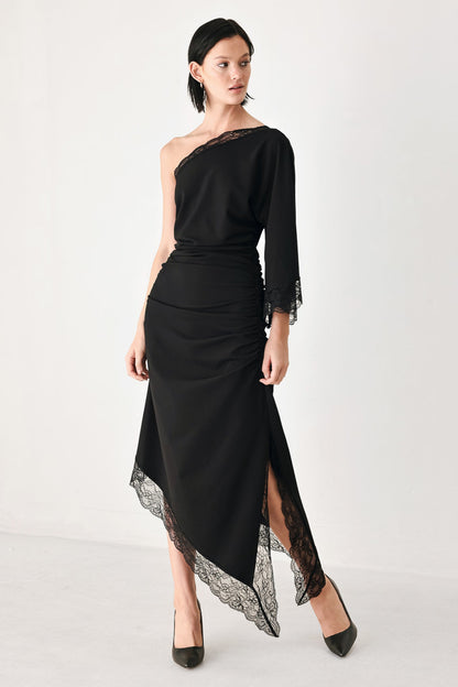 Black Knit Asymmetric Midi Dress with Ruched Bodice and Lace-Trim Hem