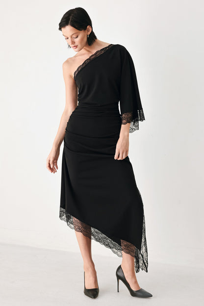 Black Knit Asymmetric Midi Dress with Ruched Bodice and Lace-Trim Hem