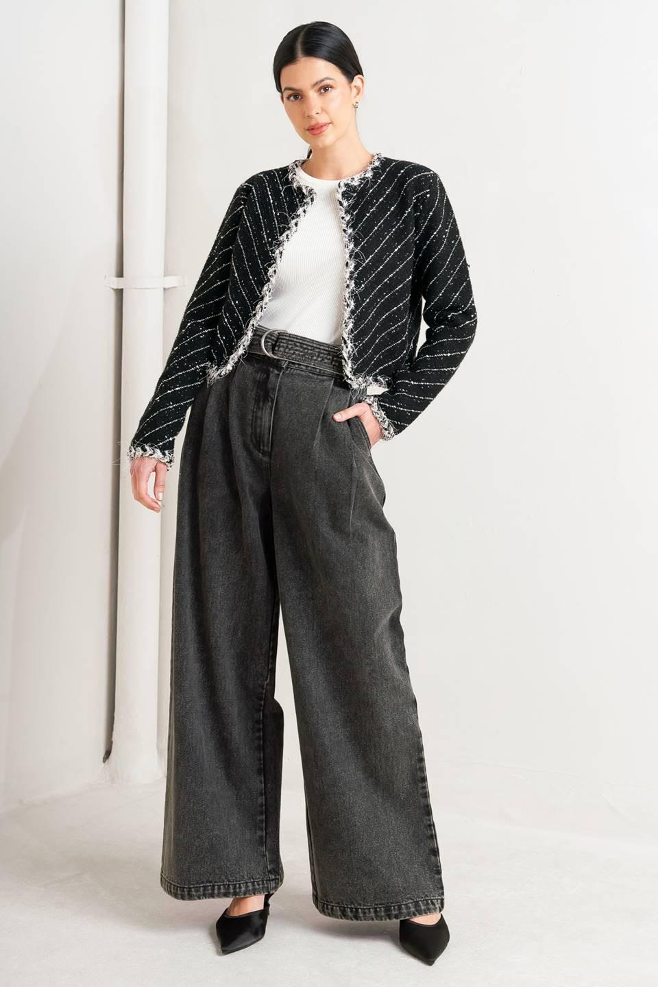 Round Neck Open Front Tweed Blend Jacket