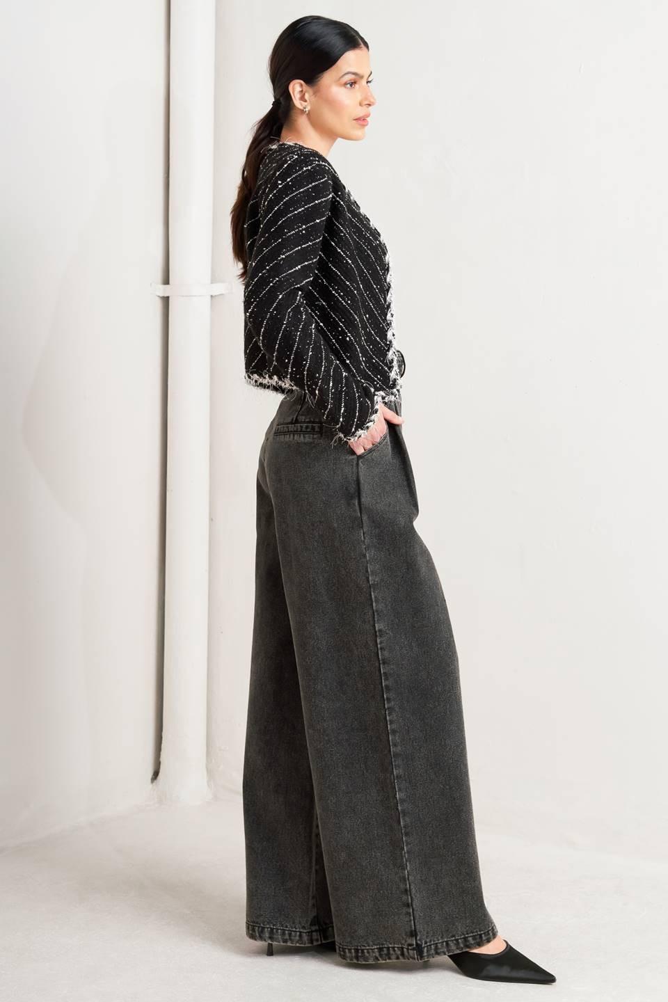 Round Neck Open Front Tweed Blend Jacket