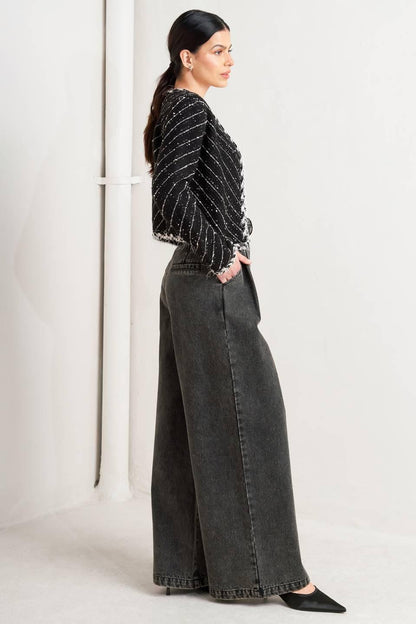 Round Neck Open Front Tweed Blend Jacket