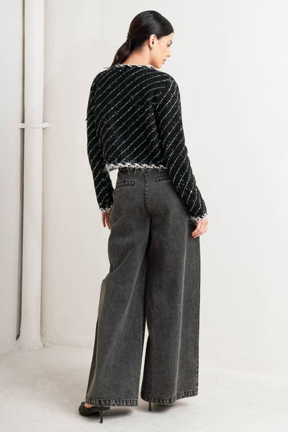 Round Neck Open Front Tweed Blend Jacket