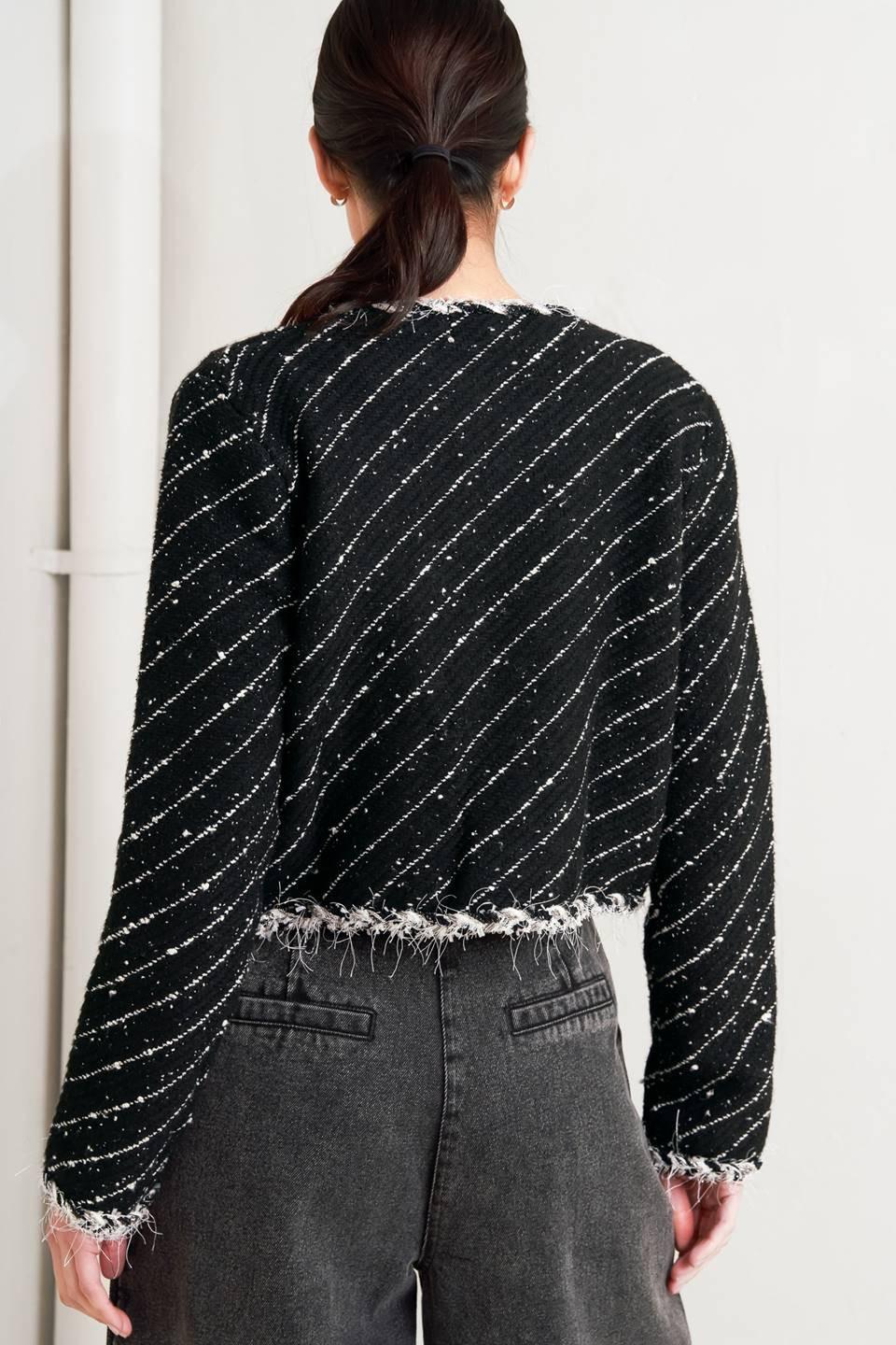 Round Neck Open Front Tweed Blend Jacket