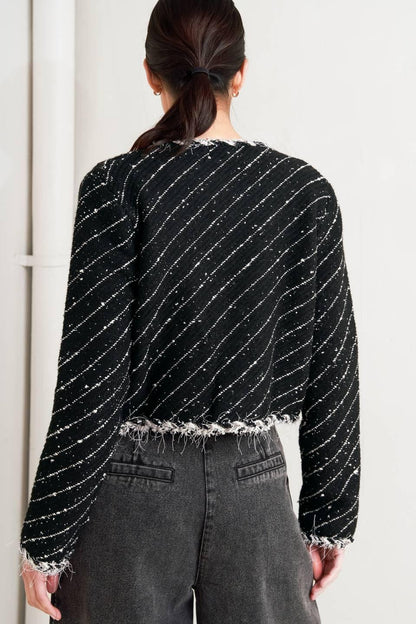 Round Neck Open Front Tweed Blend Jacket