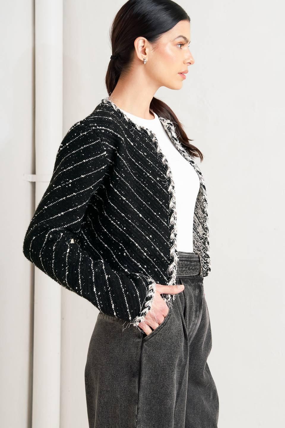 Round Neck Open Front Tweed Blend Jacket