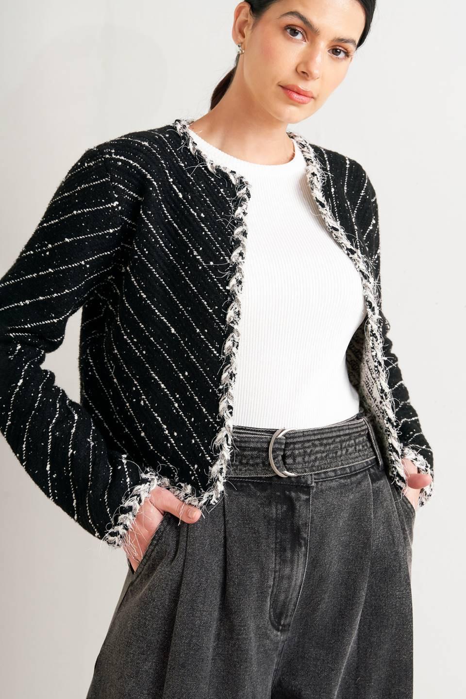 Round Neck Open Front Tweed Blend Jacket
